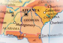 Map close-up of southeastern United States highlighting Georgia and neighboring states