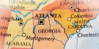 Map close-up of southeastern United States highlighting Georgia and neighboring states