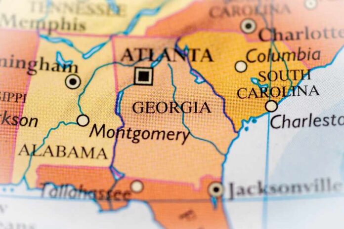 Georgia,,United,States,Highlighted,On,A,World,Map. Map close-up of southeastern United States highlighting Georgia and neighboring states