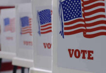 Blue Wave Warning Rattles GOP Voting booths with American flags and VOTE signs.
