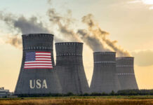 Emergency Powers Flip Switches Nationwide Cooling towers with USA flag and smoke clouds
