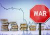 War Shock Slams THESE Farms A stop sign with the word 'WAR' in front of a declining stock market graph and stacks of coins