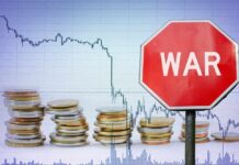 War Shock Slams THESE Farms A stop sign with the word 'WAR' in front of a declining stock market graph and stacks of coins