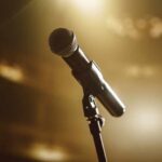 Icon Singer’s Private Battle Stuns Fans Close-up of a microphone on a stage with soft lighting