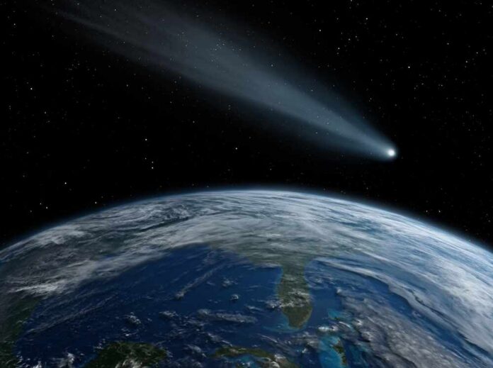 Comet,,Asteroid,,Meteorite,Flying,To,The,Planet,Earth.,Glowing,Asteroid A comet streaking through space above Earth
