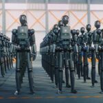 A row of humanoid robots standing in an industrial space