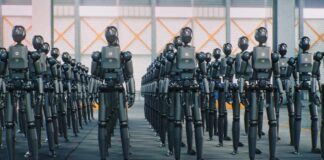 A row of humanoid robots standing in an industrial space
