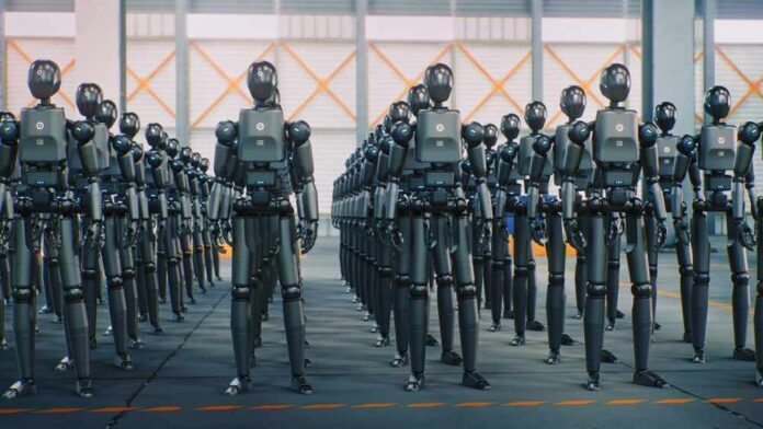 Rows,Of,Similar,Humanoid,Robots,Stand,In,Ideal,Formation,Inside A row of humanoid robots standing in an industrial space