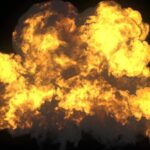 Backyard Blast Turns Deadly A large explosion with flames and smoke against a dark background