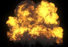 Backyard Blast Turns Deadly A large explosion with flames and smoke against a dark background