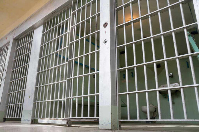 556002781 Empty prison cell with metal bars and toilet.