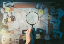 Chilling Find at Famous Lake Magnifying glass over investigation board with photos and strings.