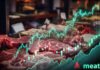 Graph overlay on a meat market display showing stock trends
