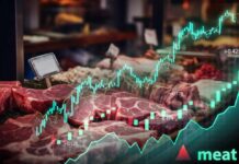 Beef Crisis Deepens — Processing Plants Close Graph overlay on a meat market display showing stock trends
