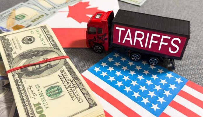 Tariff,War,Shipping,,Trade,And,Commerce,Concept,With,Usa,Dollars, Toy truck labeled tariffs between US and Canada flags with cash