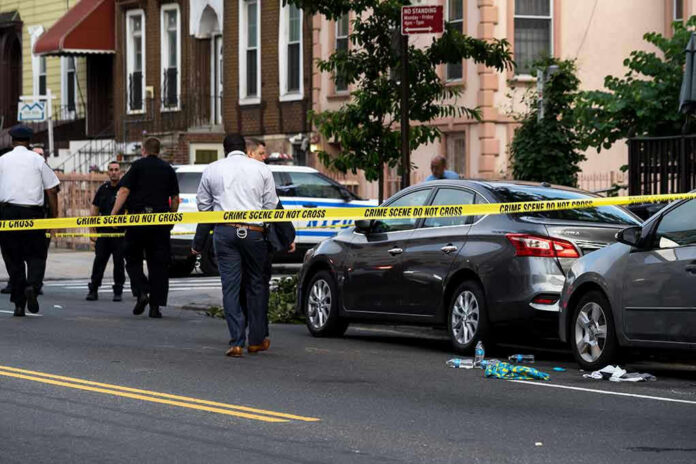 1437619232 Police and crime scene tape on city street.