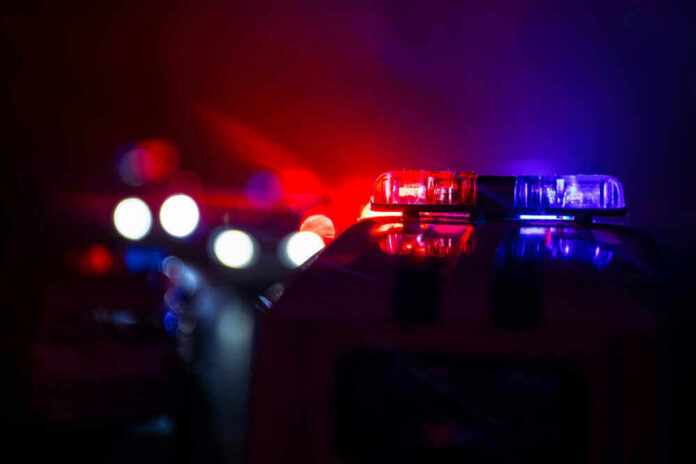 shutterstock_1191163906 Police car lights shining in the dark.