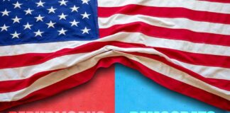 American flag draped over a divided background representing Republicans and Democrats