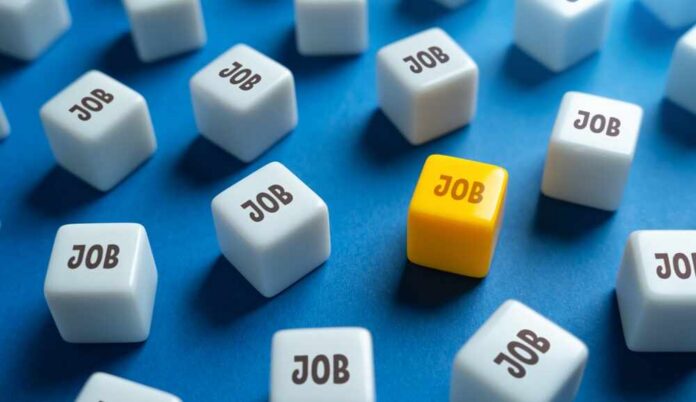 A yellow cube with the word 'JOB' surrounded by white cubes with the same word on a blue background
