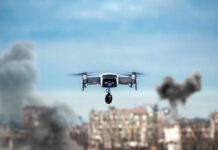 Drug Cartel Drone Gambit Exposed Drone flying over urban area with smoke plumes.