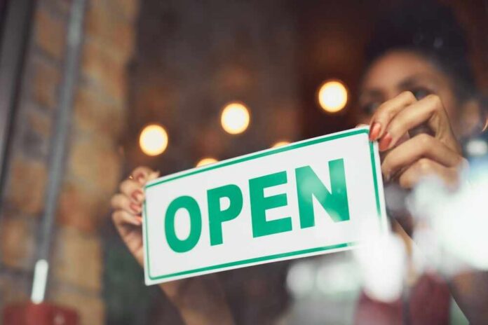 Woman,,Hands,And,Cafe,With,Open,Sign,For,Welcome,,Small