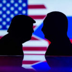 Silhouettes of Donald Trump and Vladimir Putin with USA and Russia flags
