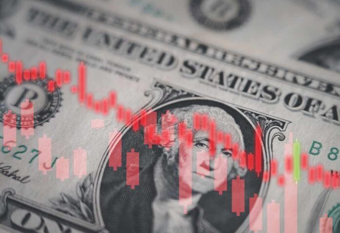 US dollar bill with red stock candlestick chart overlay
