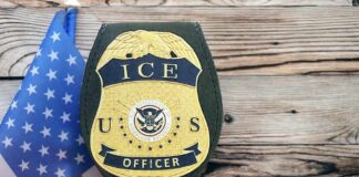ICE officer badge displayed next to the U.S. flag