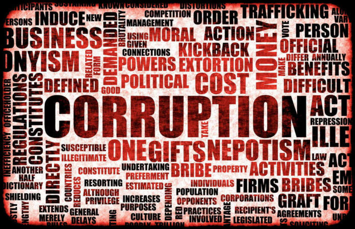 Corruption-related word cloud, highlighting corruption, political, bribery.