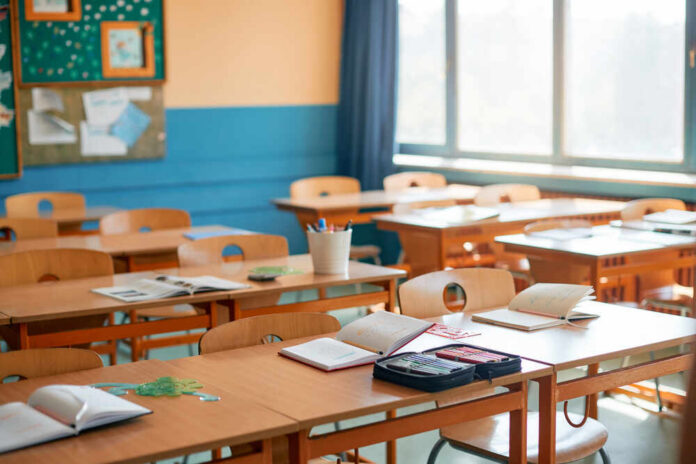 Classroom,Without,Children,In,Primary,School. Classroom with wooden desks and open notebooks in natural light
