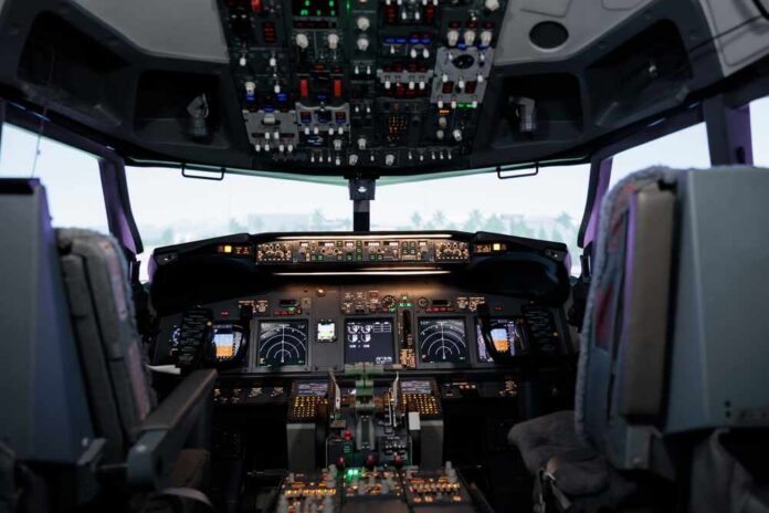 Nobody,In,Empty,Airplane,Cockpit,With,Dashboard,Command,And,Power Interior view of an airplane cockpit with various instruments and controls