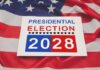 2028 Tease Jolts Meet The Press Sign for the 2028 presidential election on an American flag background