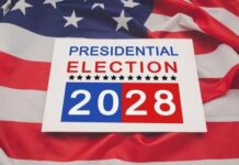 2028 Tease Jolts Meet The Press Sign for the 2028 presidential election on an American flag background