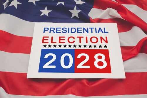 Presidential,Election,2028,Text,On,White,Paper,Over,The,American Sign for the 2028 presidential election on an American flag background