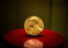Frozen Telescope Nabs Nobel A gold Nobel Prize medal displayed on a red pedestal