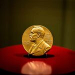 Frozen Telescope Nabs Nobel A gold Nobel Prize medal displayed on a red pedestal