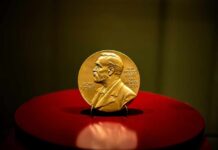 A gold Nobel Prize medal displayed on a red pedestal
