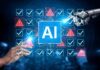 Human and robot hands touching an AI interface with checkmarks and warnings