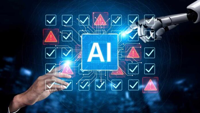 Futuristic,Artificial,Intelligence,Concept,Depicting,Ai,Hallucination,,Processing,Errors,,And Human and robot hands touching an AI interface with checkmarks and warnings